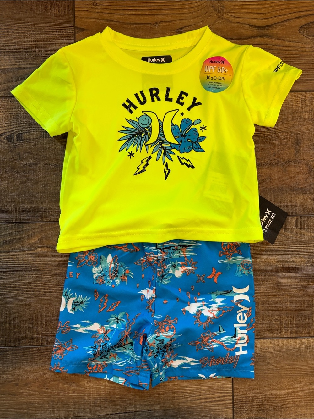 Hurley Kids Neon Yellow Rash Guard Top with Blue Floral and Surf Swim Shorts